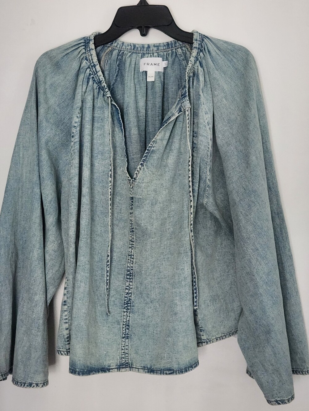 Frame Aries Denim Blouse Top Size Med Blue Cotton Linen Bell Sleeve - Picture 2 of 10